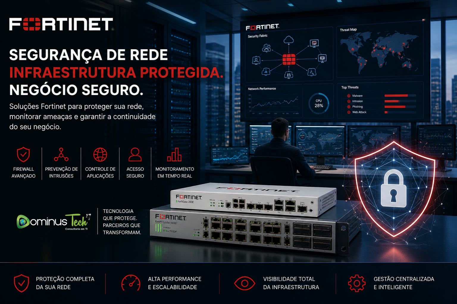 Fortinet segurança de rede com monitoramento de infraestrutura empresarial Dominus Tech