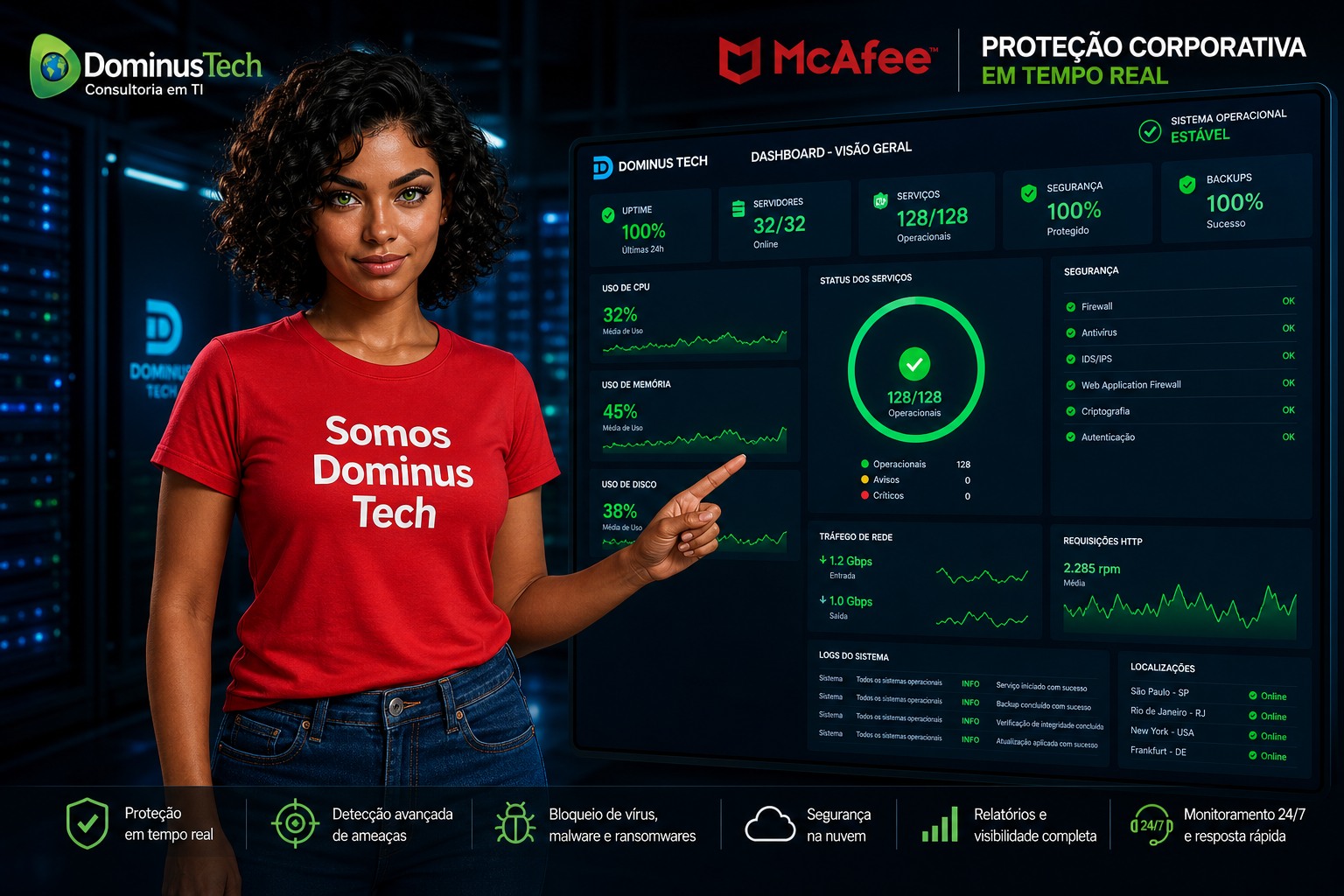 Dominus Tech McAfee proteção corporativa com dashboard de segurança em tempo real e monitoramento de ameaças empresariais