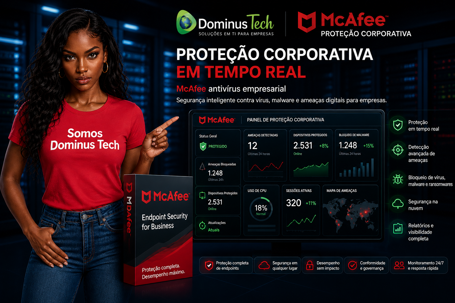 Dominus Tech McAfee proteção corporativa com monitoramento em tempo real e segurança contra vírus em ambiente empresarial
