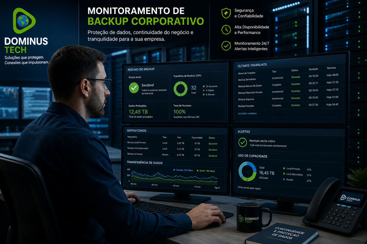 Profissional de TI monitorando sistema de backup corporativo em tempo real com dashboards de segurança e performance – Dominus Tech