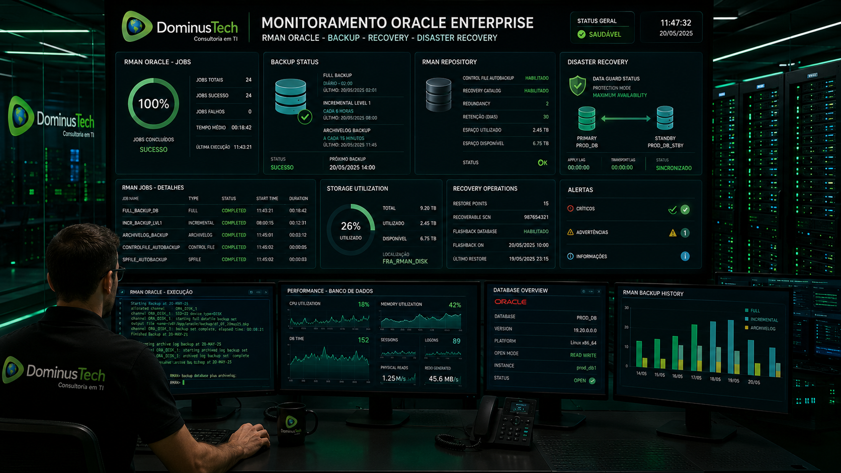 Administrador Oracle da Dominus Tech monitora RMAN Oracle, backup enterprise, recovery manager e recuperação Oracle Database em ambiente corporativo crítico com dashboards tecnológicos.