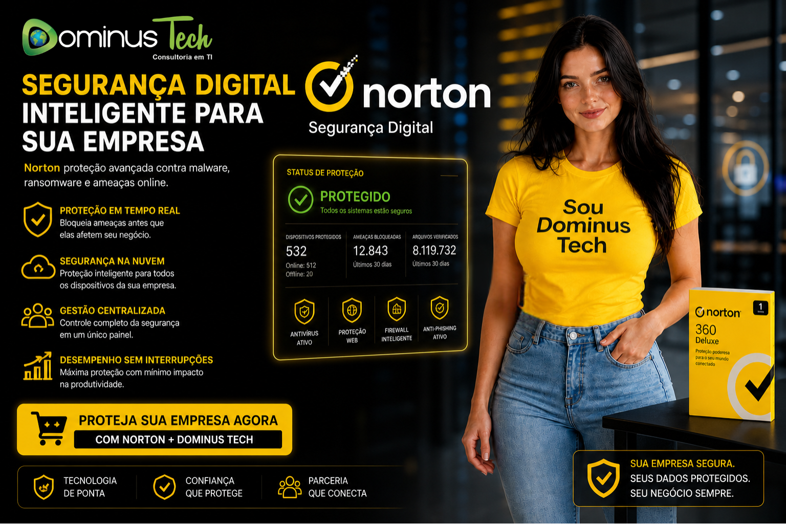 Norton segurança digital empresarial com soluções de proteção contra malware apresentadas pela Dominus Tech