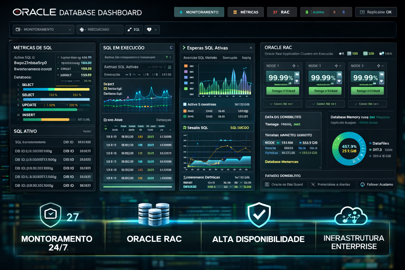 Oracle Database corporativo com alta disponibilidade, Oracle RAC, monitoramento 24/7 e infraestrutura enterprise para aplicações críticas empresariais.