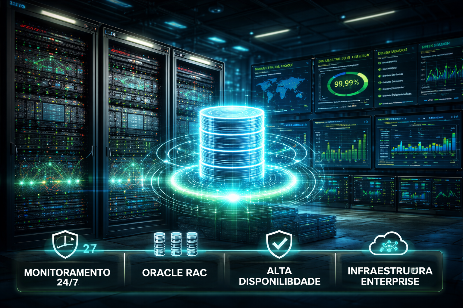 Oracle Database corporativo com alta disponibilidade, Oracle RAC, monitoramento 24/7 e infraestrutura enterprise para aplicações críticas empresariais.