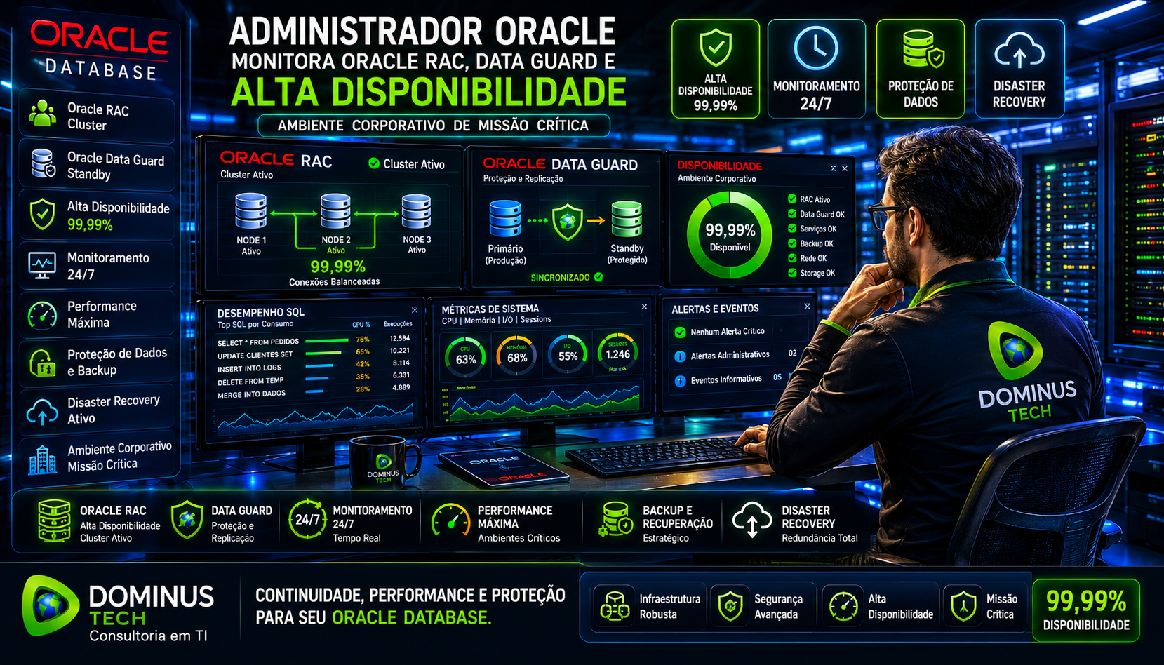 Oracle Database corporativo executando monitoramento avançado com Oracle RAC, Data Guard, SQL performance e alta disponibilidade em ambiente enterprise.