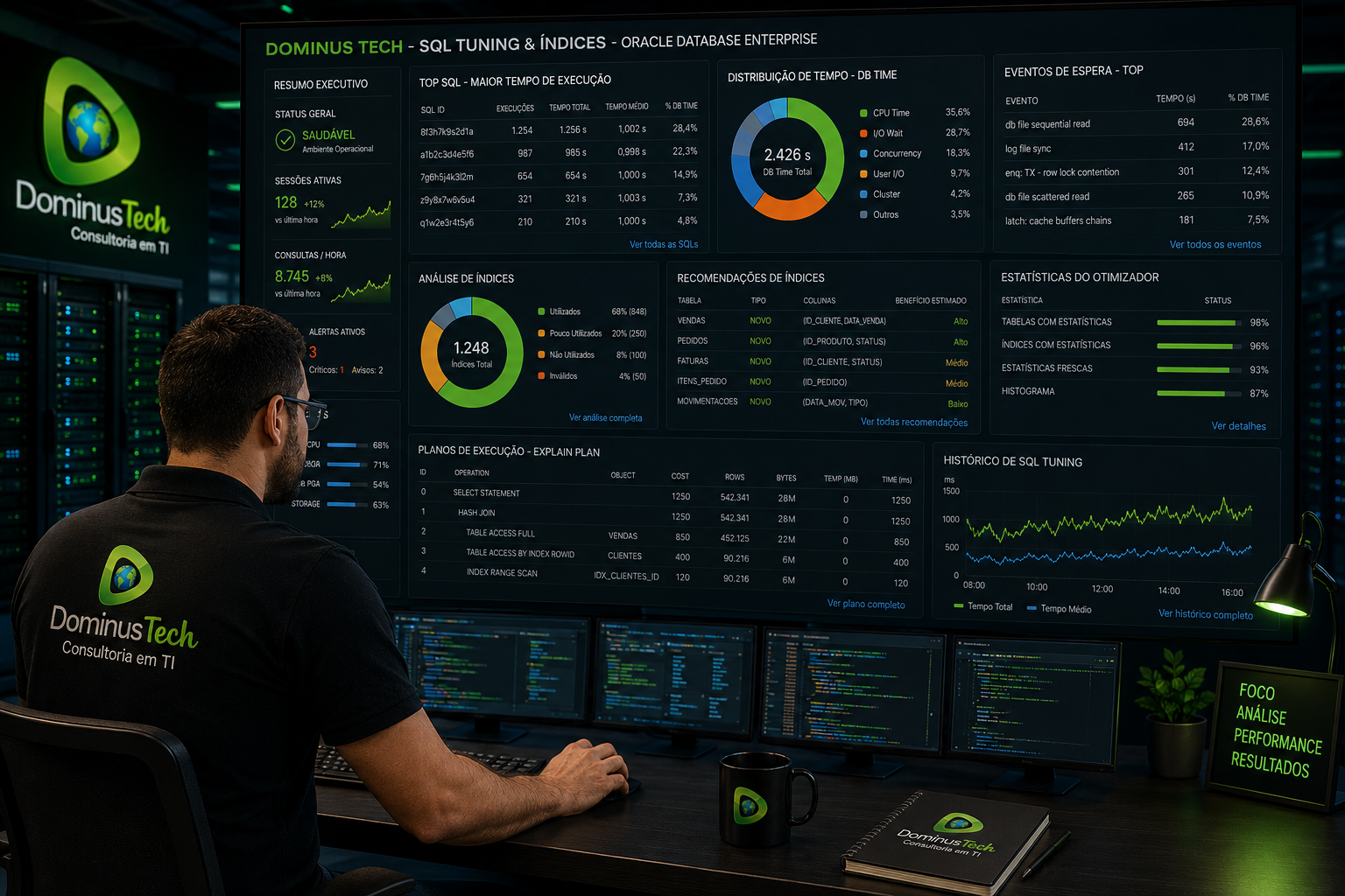 DBA Oracle da Dominus Tech executando SQL tuning e análise de índices em Oracle Database enterprise com dashboards de monitoramento em tempo real.