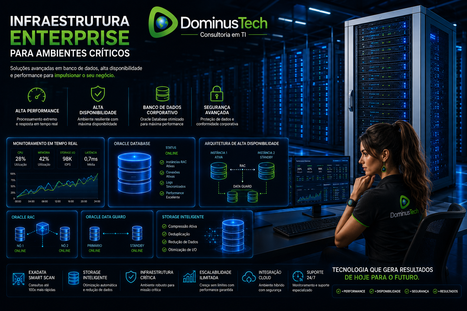 Administrador Oracle monitorando Oracle Exadata enterprise com Oracle RAC, Oracle Data Guard e infraestrutura crítica corporativa em ambiente tecnológico premium da Dominus Tech.