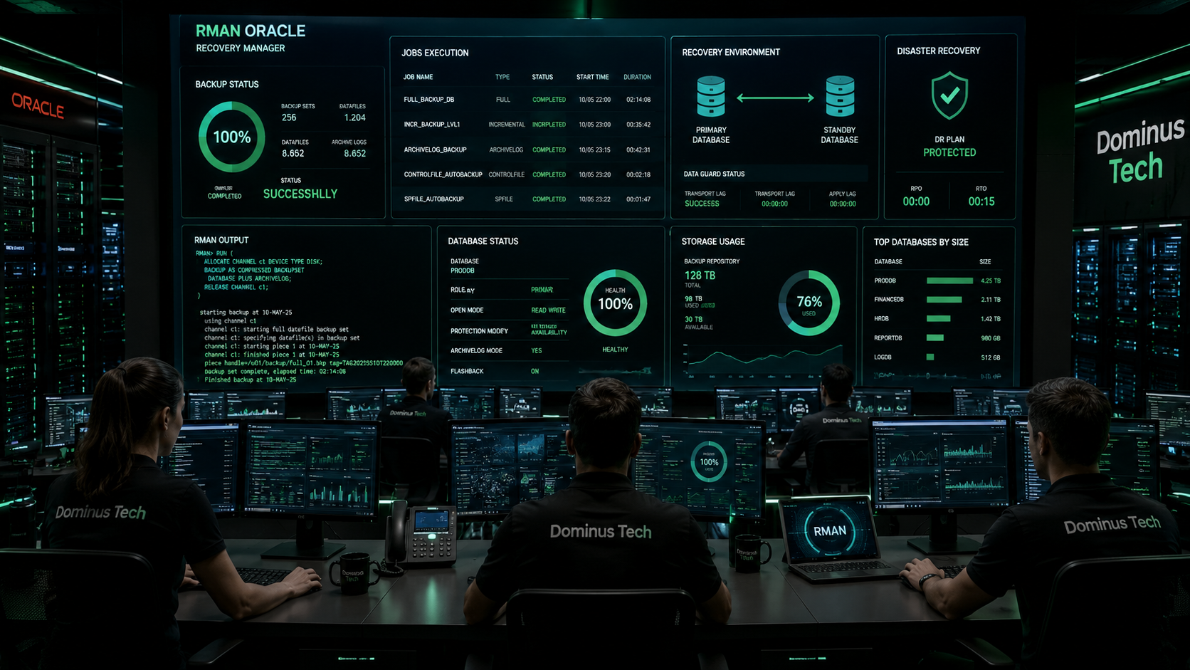 RMAN Oracle em ambiente corporativo enterprise com backup Oracle, recovery manager, disaster recovery e monitoramento de banco de dados crítico em dashboards tecnológicos da Dominus Tech.