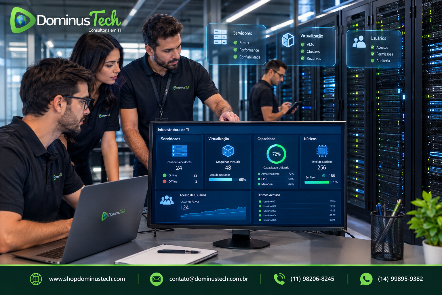 Equipe Dominus Tech analisando infraestrutura de TI em data center, com servidores, virtualização, capacidade, núcleos e acesso de usuários