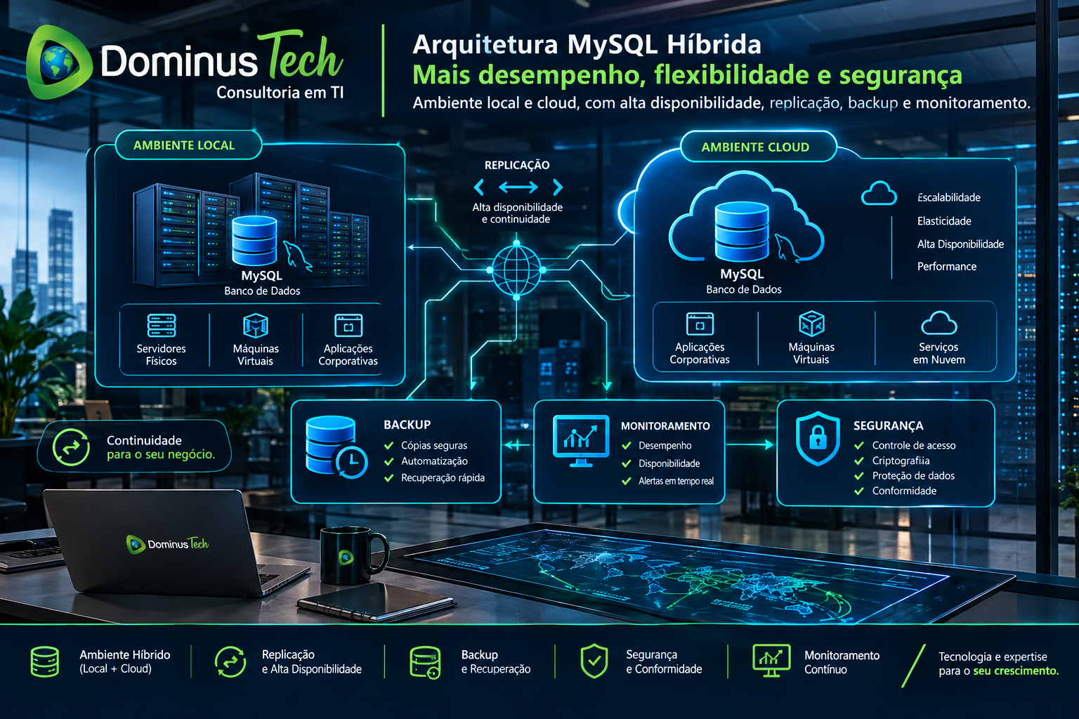 Arquitetura híbrida MySQL com ambiente local, máquinas virtuais, cloud, replicação, backup, segurança, monitoramento e continuidade operacional