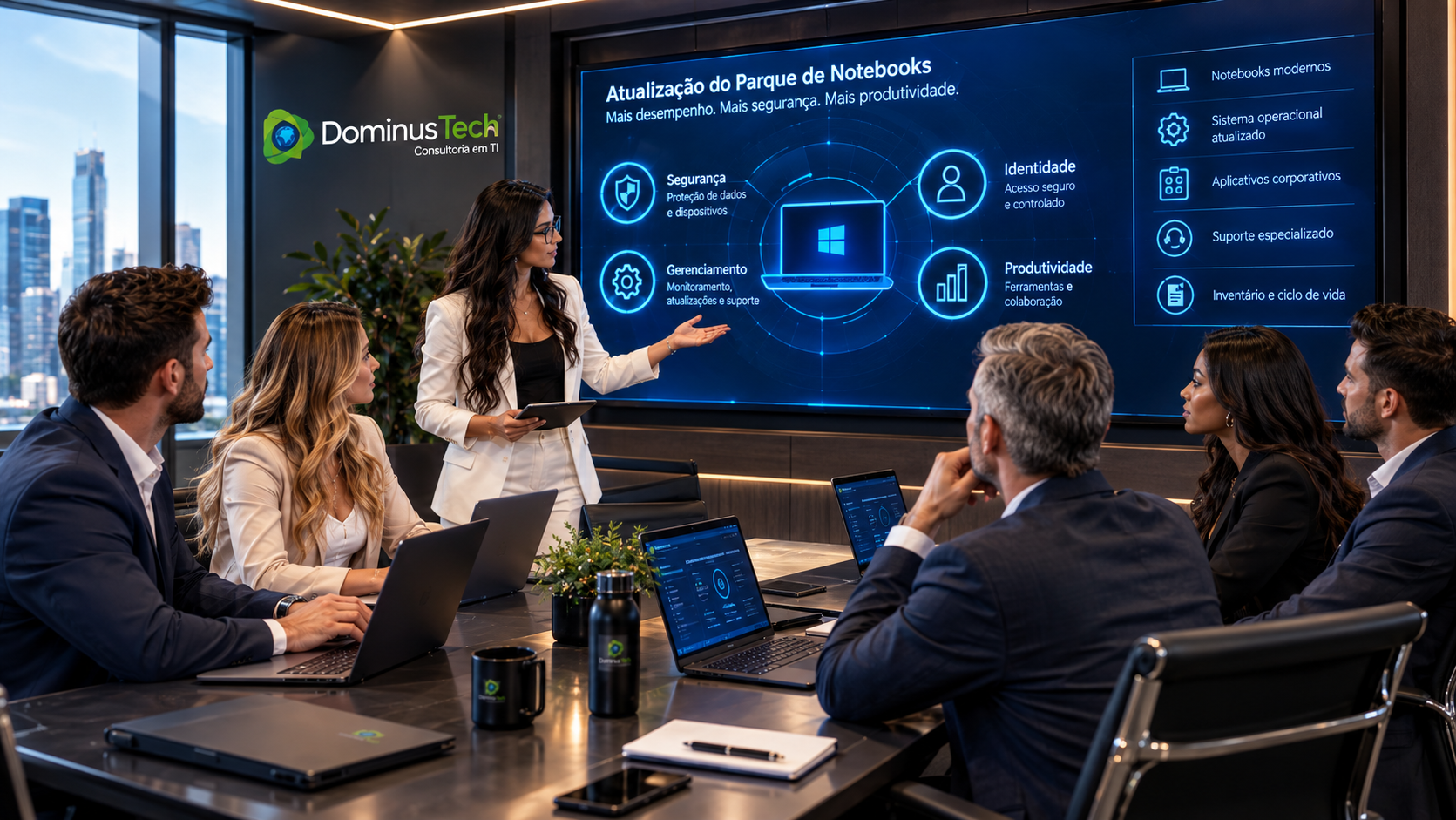 Equipe Dominus Tech planejando a atualização do parque de notebooks com foco em segurança, gerenciamento, identidade e produtividade