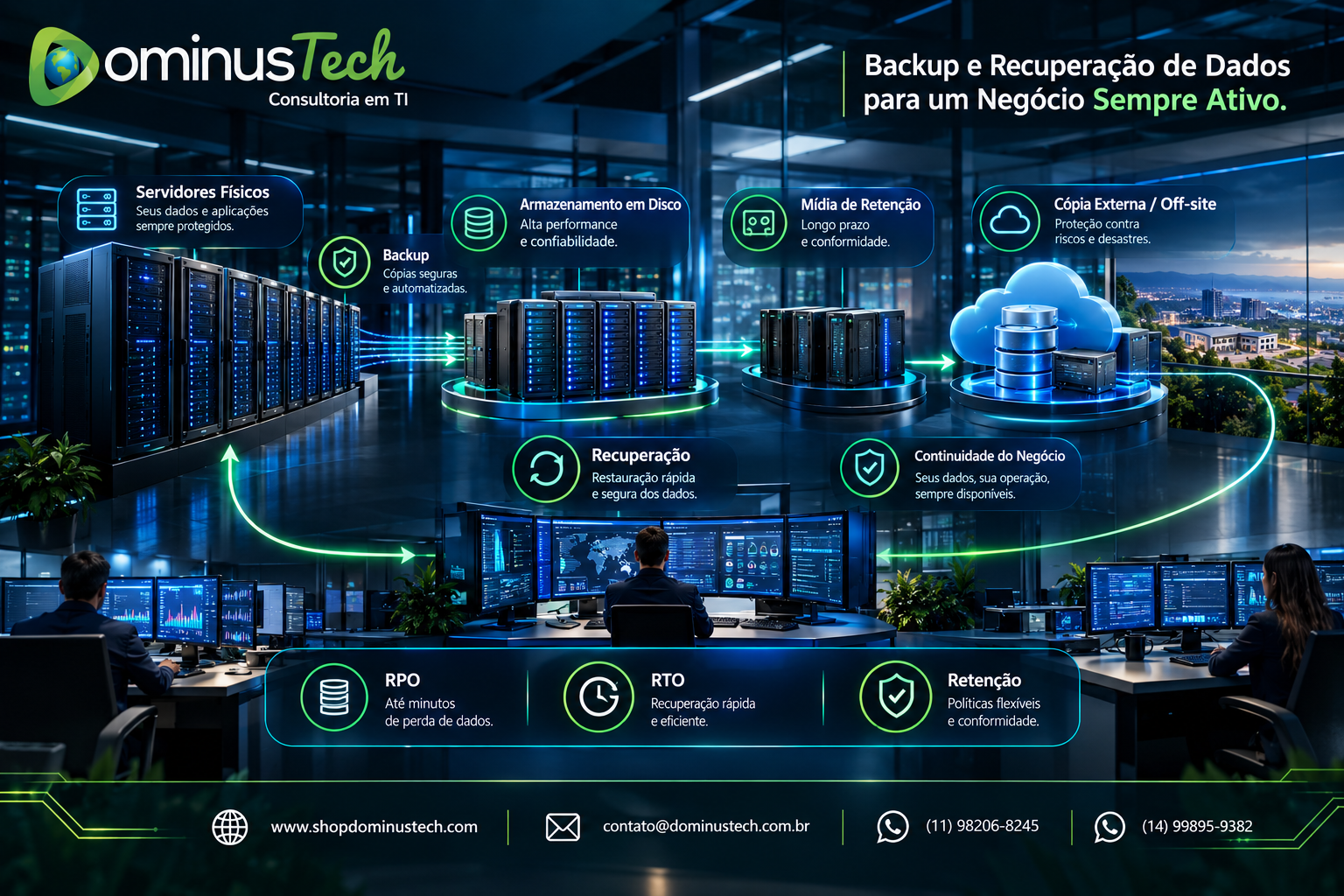 Backup de servidores físicos com armazenamento em disco, mídia de retenção, cópia externa e recuperação de dados - Dominus Tech