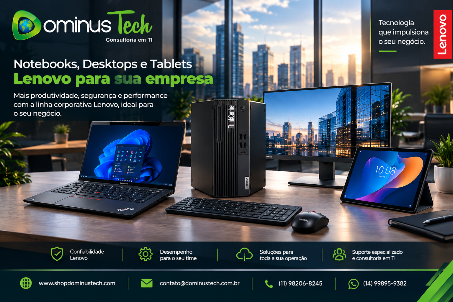 Banner corporativo Dominus Tech com notebook, desktop e tablet em um escritório moderno, representando soluções tecnológicas para empresas.