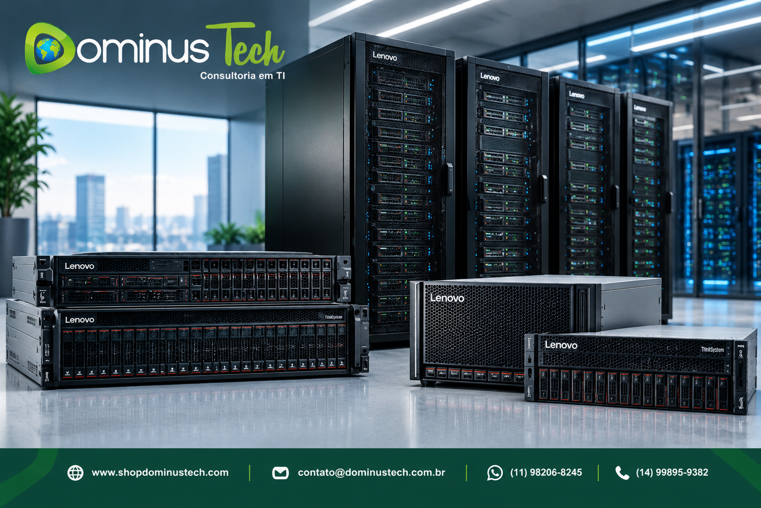 Servidores Lenovo ThinkSystem em rack e storage corporativo para infraestrutura de data center