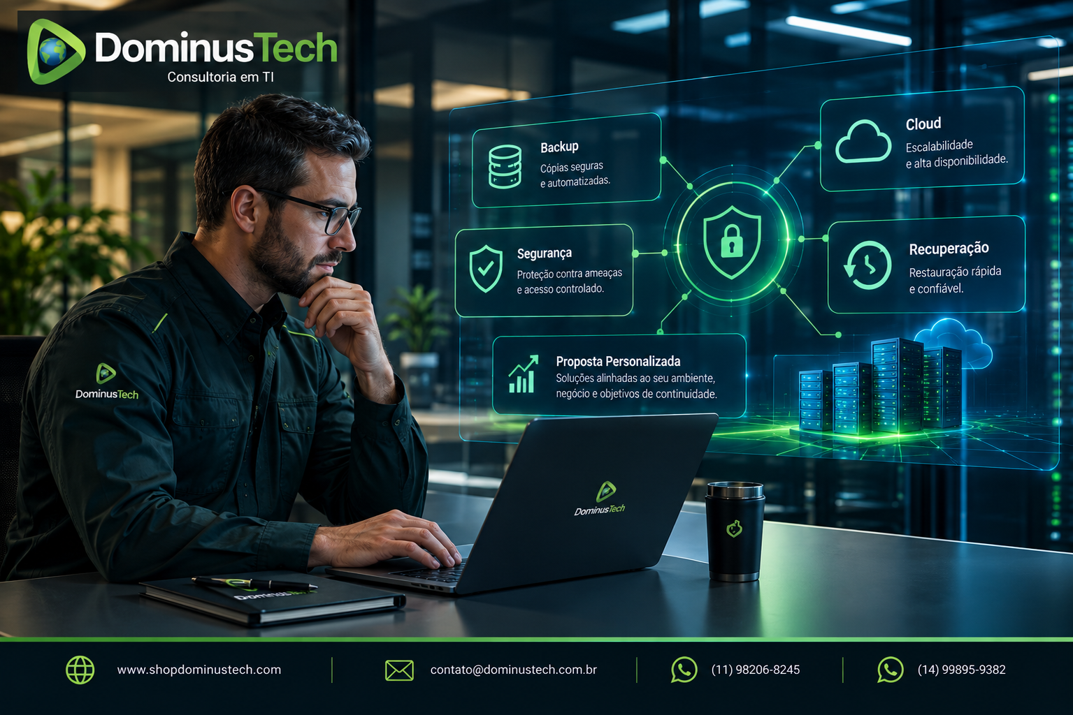 Consultor de TI da Dominus Tech analisando proposta de proteção de dados com backup, cloud, segurança e recuperação