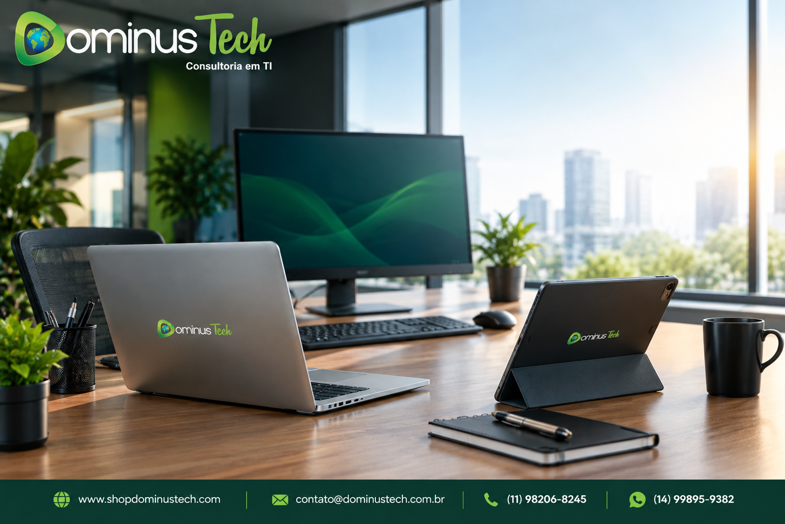 Ambiente de consultoria técnica da Dominus Tech com notebook, computador desktop e tablet sobre uma mesa em escritório corporativo contemporâneo.