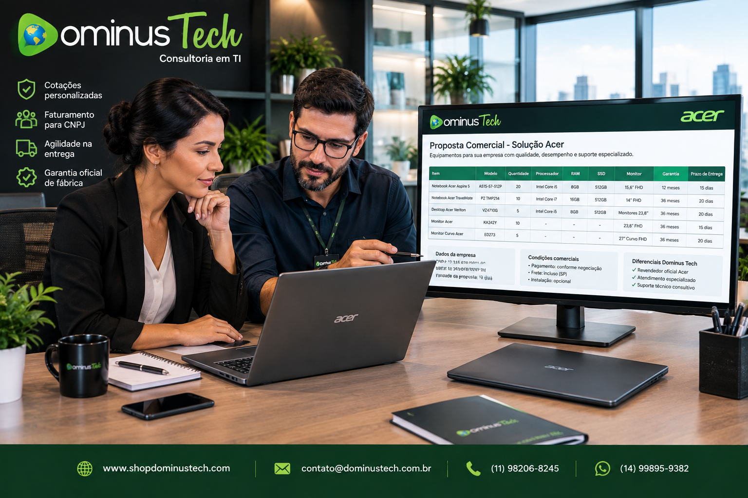 Profissional de compras e TI analisando cotação corporativa Acer com quantidade, CNPJ, memória RAM, SSD, monitores, garantia e prazo de entrega