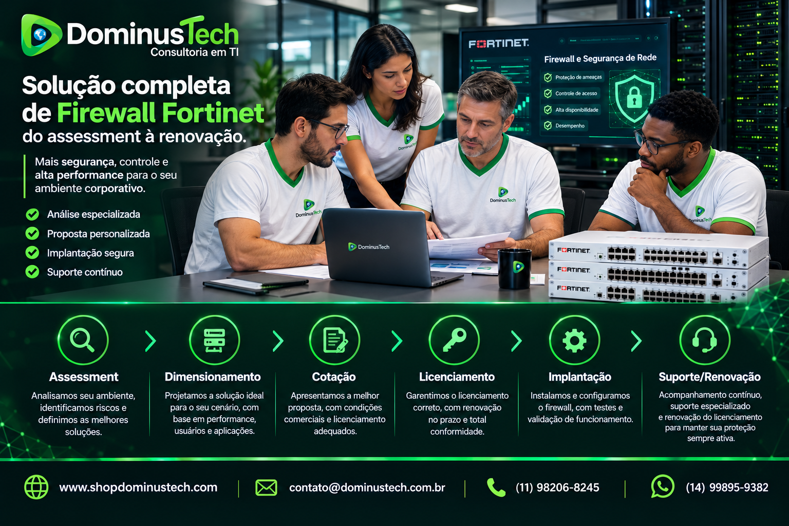 Equipe Dominus Tech analisando proposta de firewall Fortinet, licenciamento, renovação, instalação e configuração para ambientes corporativos