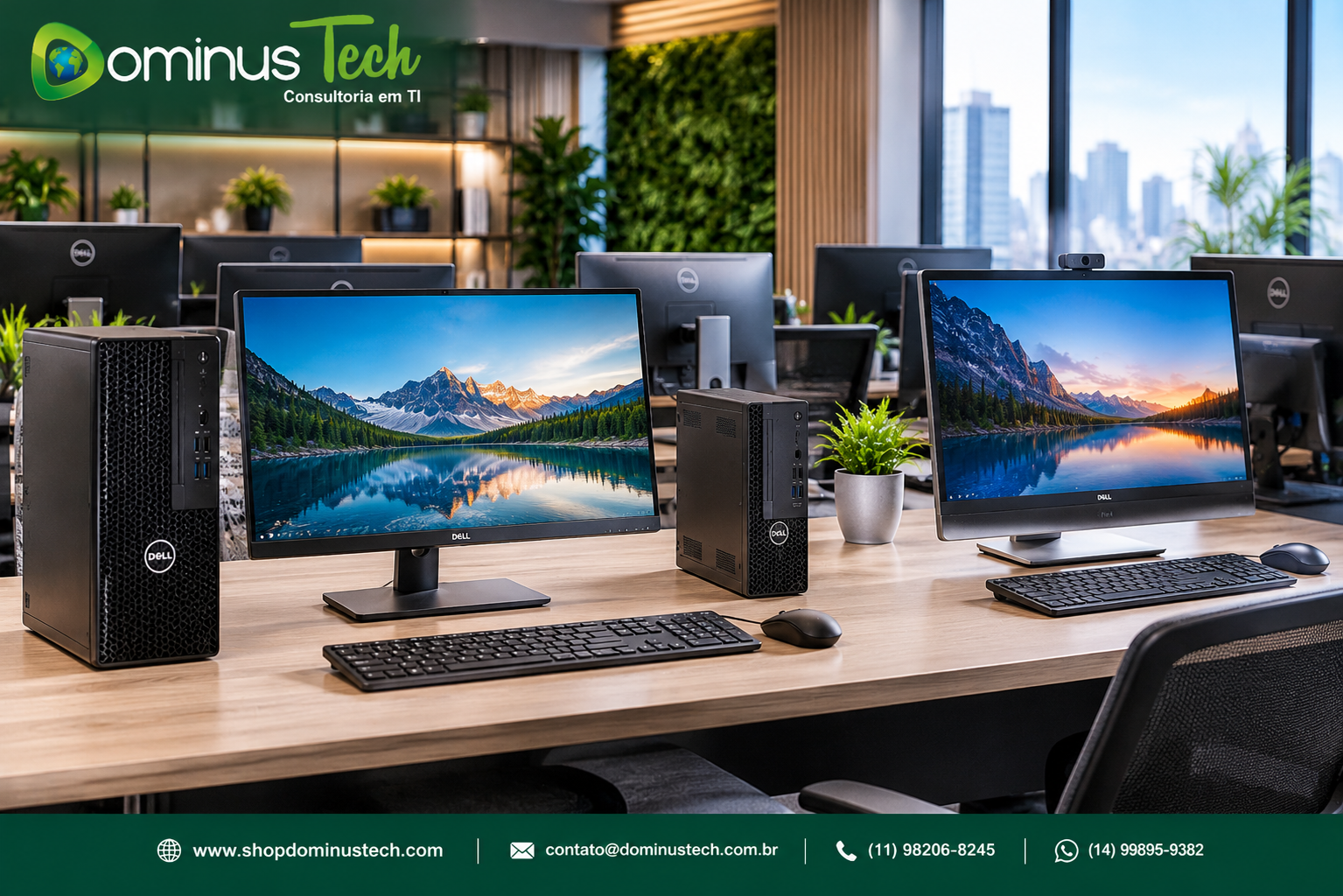 Desktops em formatos torre, compacto e All-in-One distribuídos em estações de trabalho modernas, com monitores e equipamentos para ambientes corporativos.