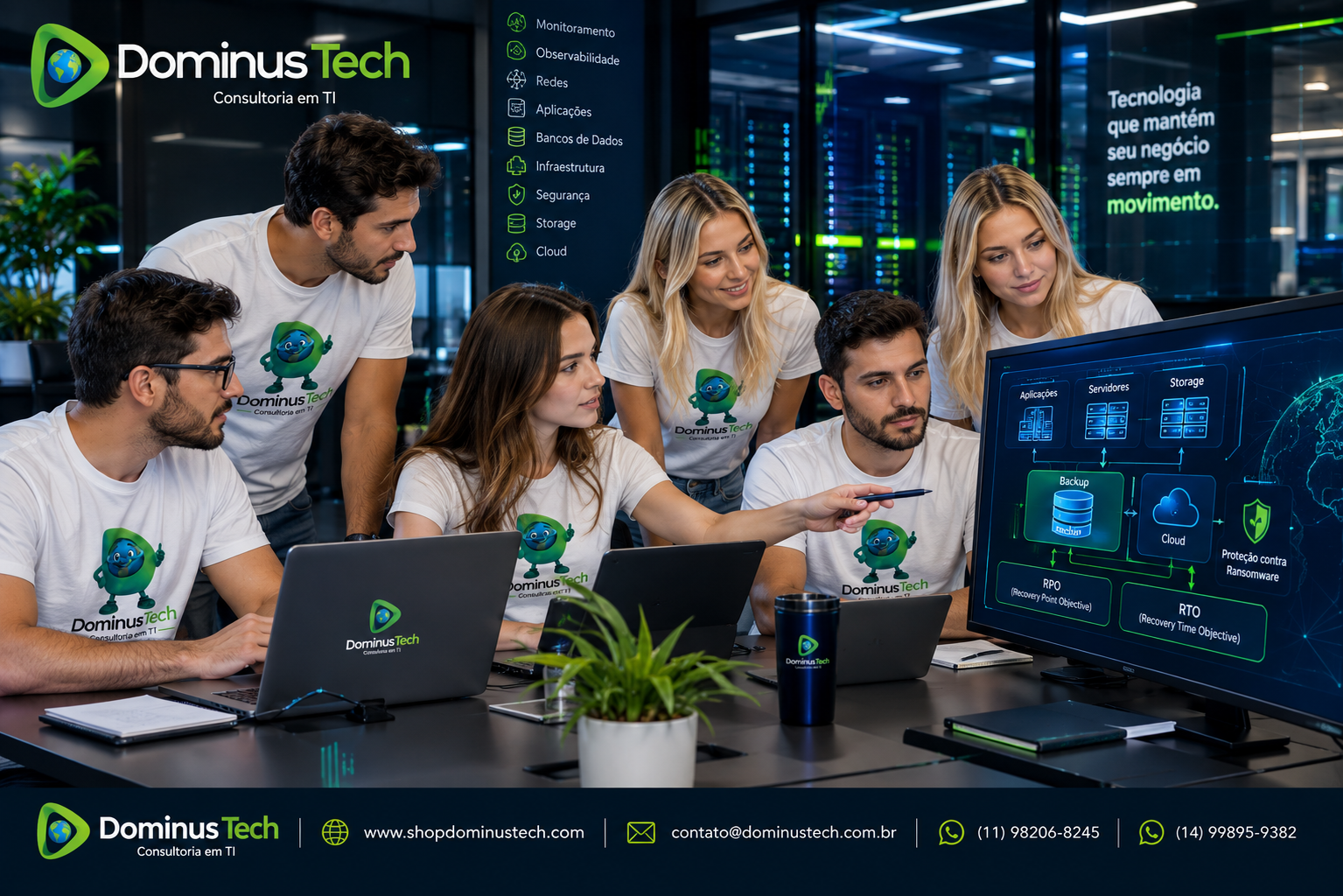 Equipe Dominus Tech analisando arquitetura de backup corporativo com servidores, storage, cloud, RPO, RTO e proteção contra ransomware