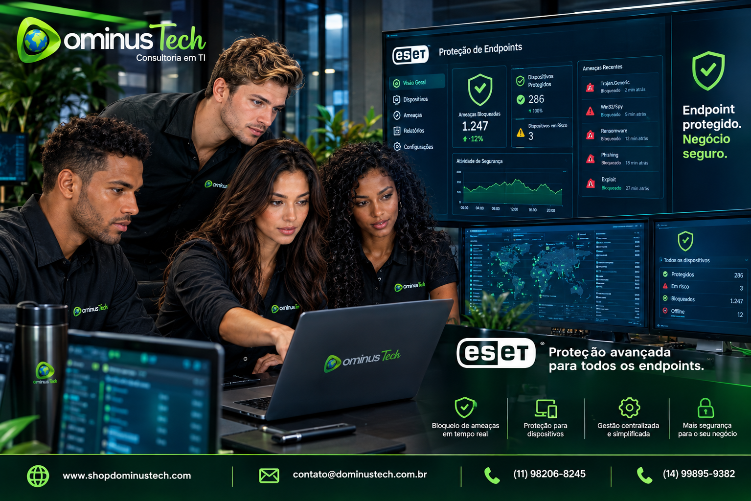 Especialistas da Dominus Tech trabalhando na proteção de endpoints com ESET