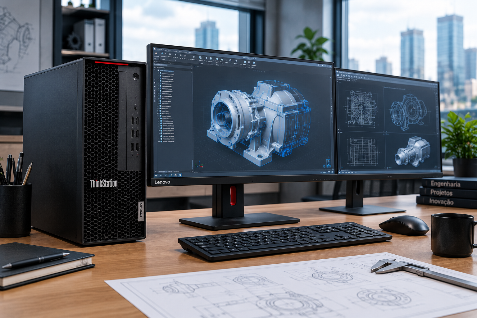 Estação de trabalho corporativa em escritório de engenharia, com computador desktop, dois monitores exibindo um modelo tridimensional mecânico e desenhos técnicos sobre a mesa.