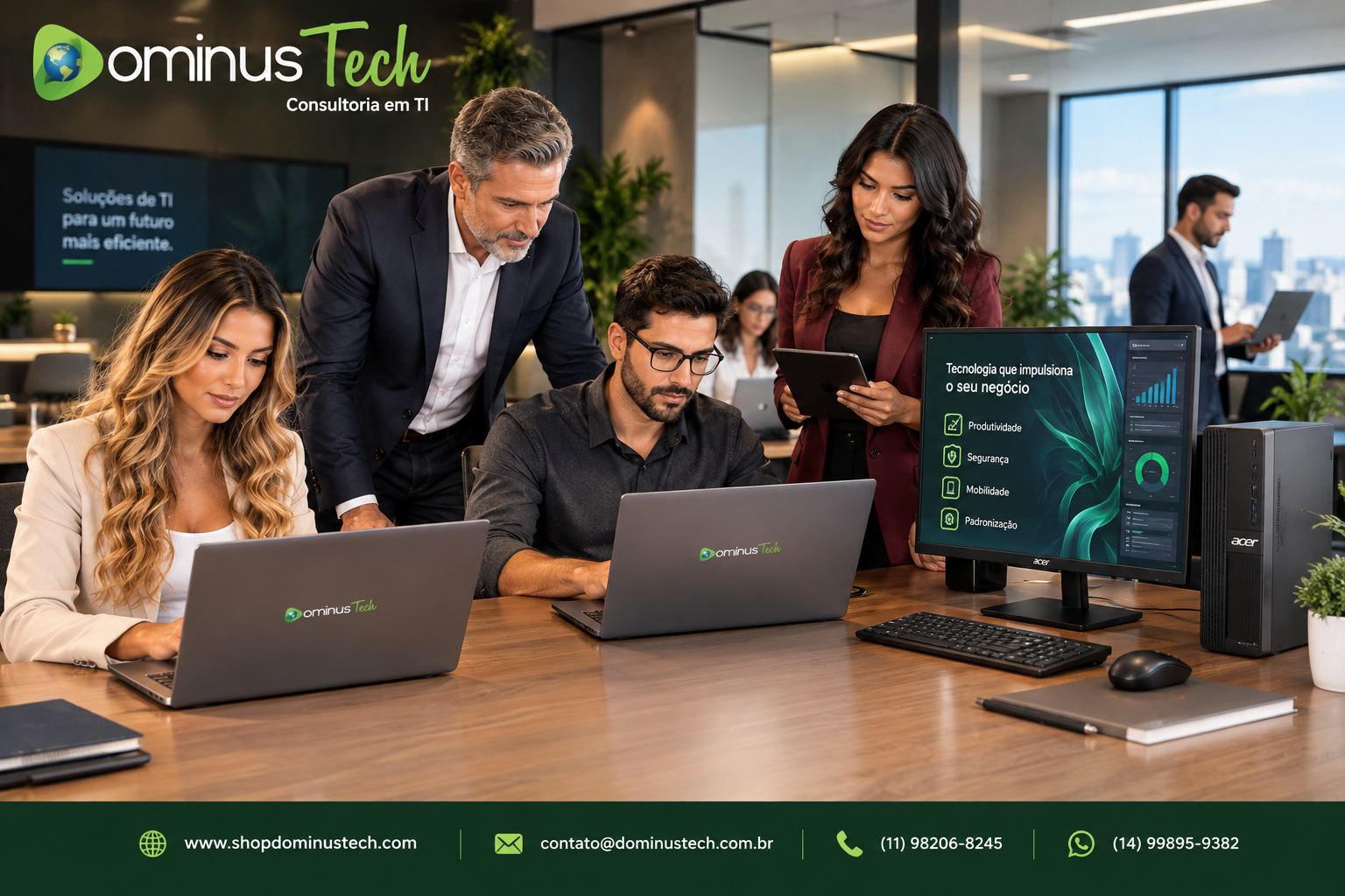 Profissionais de TI avaliando notebooks Acer, desktop Acer Veriton e monitor Acer para compra empresarial, produtividade, mobilidade e padronização de parque