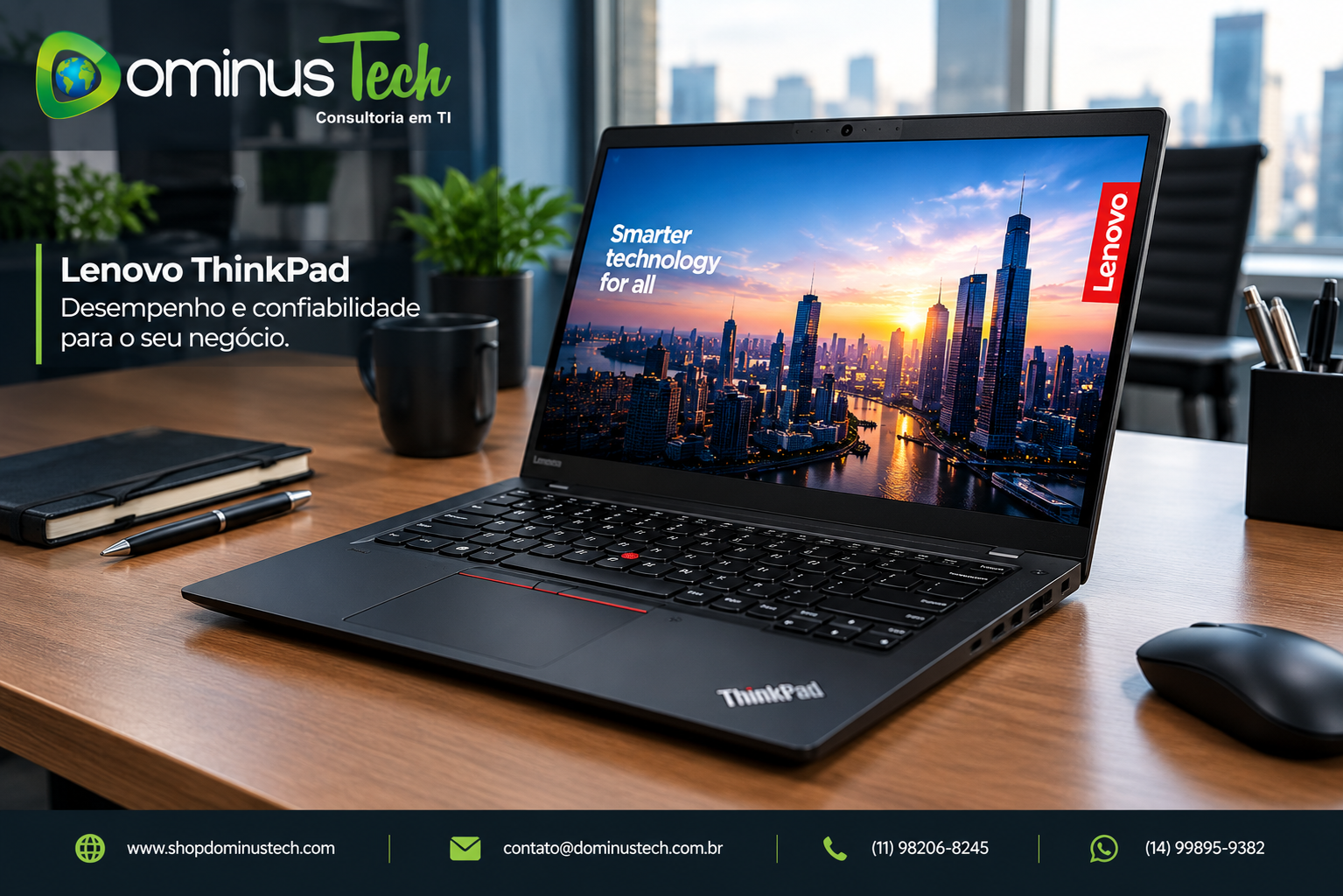 Notebook corporativo em destaque sobre uma mesa de escritório moderna, com teclado, tela e acabamento visíveis. Imagem ilustrativa para soluções empresariais da Dominus Tech.