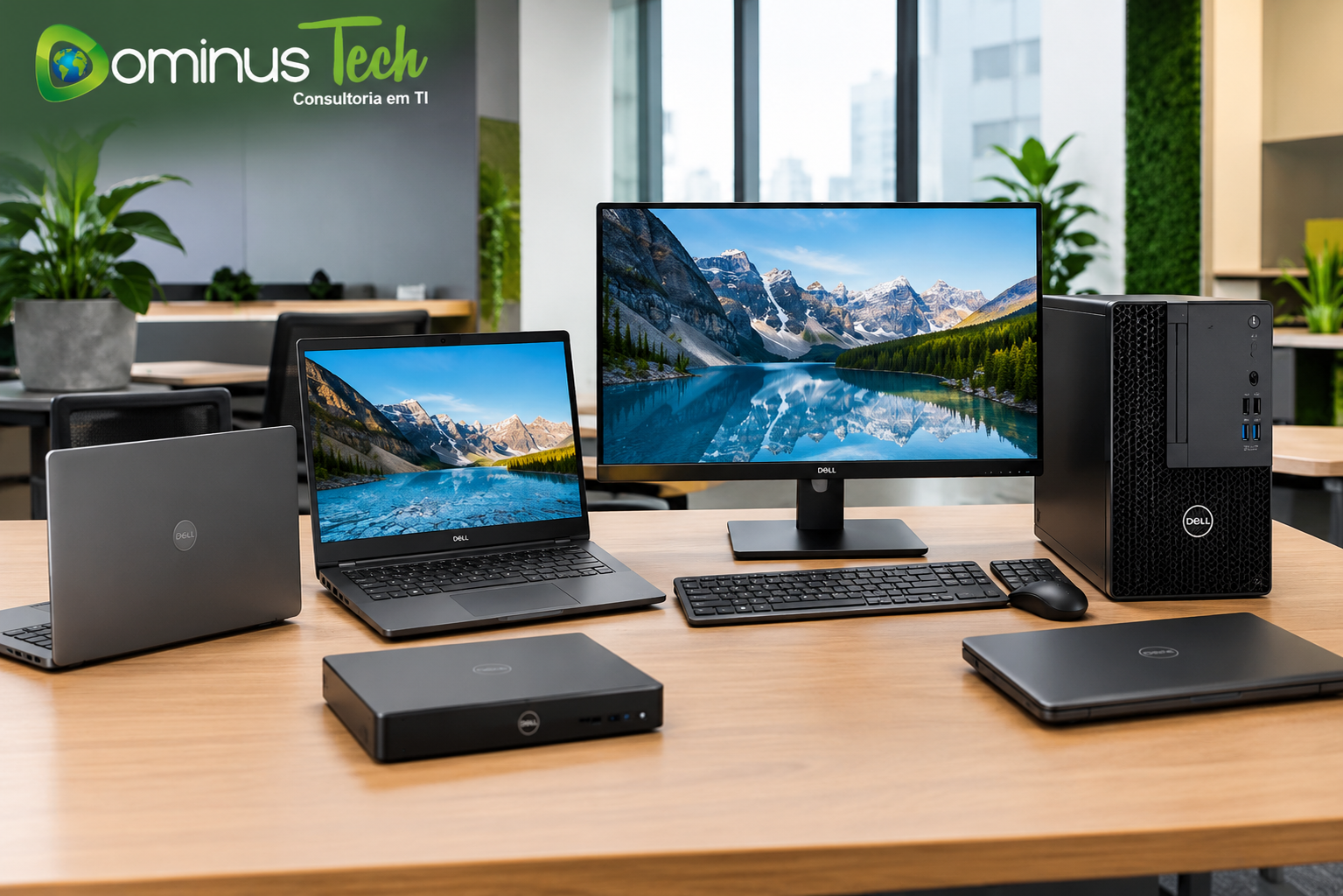 Notebooks e computadores desktop em ambiente de trabalho moderno, com diferentes formatos de equipamentos e composição profissional para soluções corporativas de tecnologia da Dominus Tech.