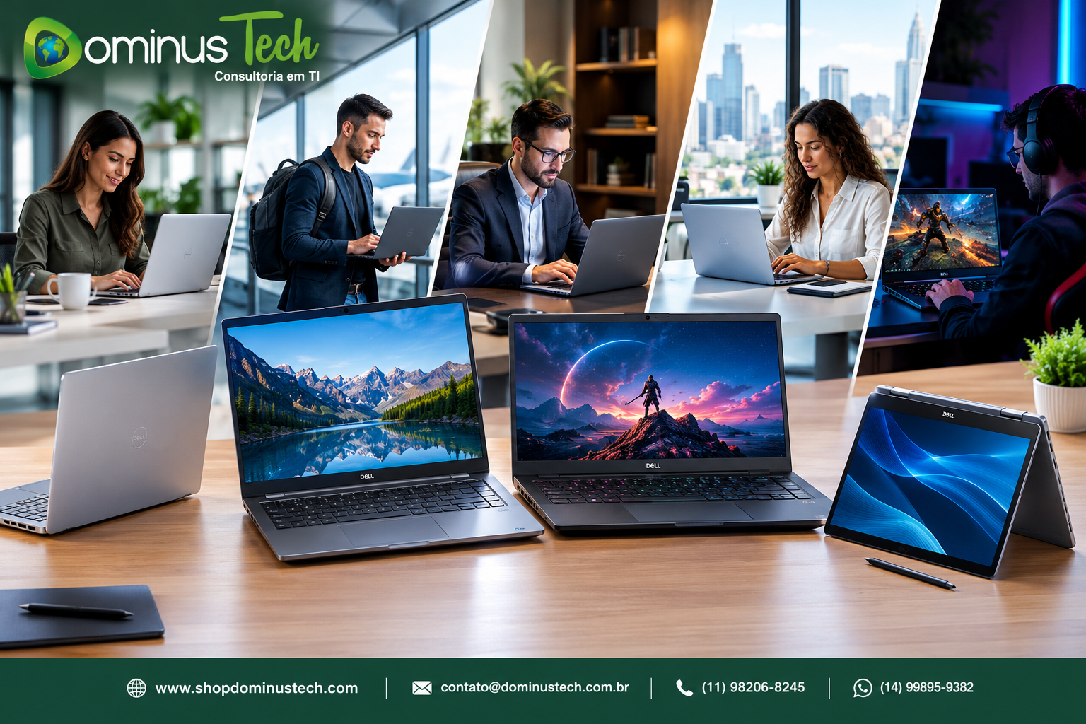 Notebooks para uso diário, mobilidade corporativa, produtividade empresarial, perfil premium e jogos em ambientes modernos, com identidade visual Dominus Tech e contatos comerciais no rodapé.