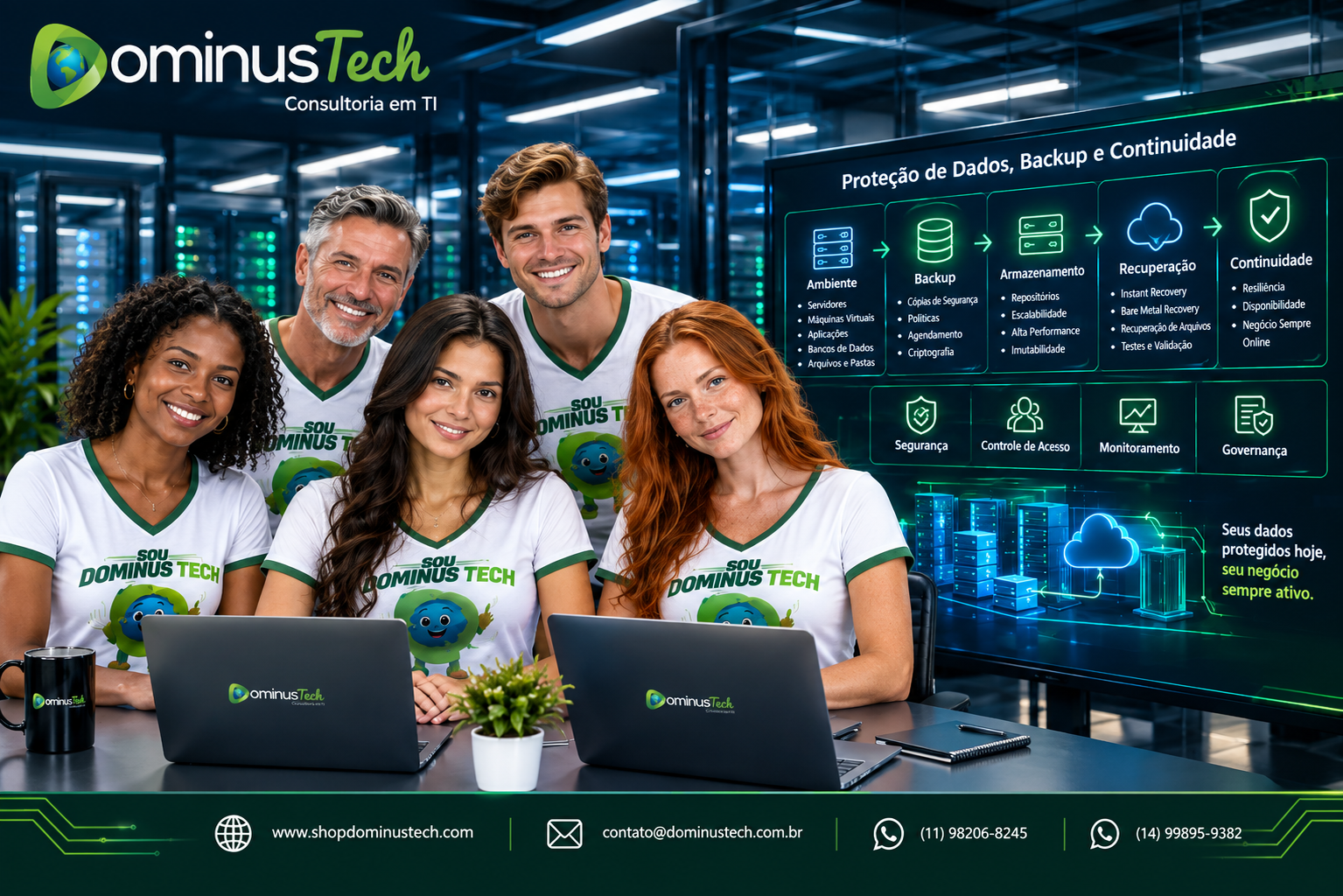 Equipe Dominus Tech analisando arquitetura de proteção de dados, backup, recuperação e continuidade operacional, com segurança, governança, monitoramento, RPO e RTO