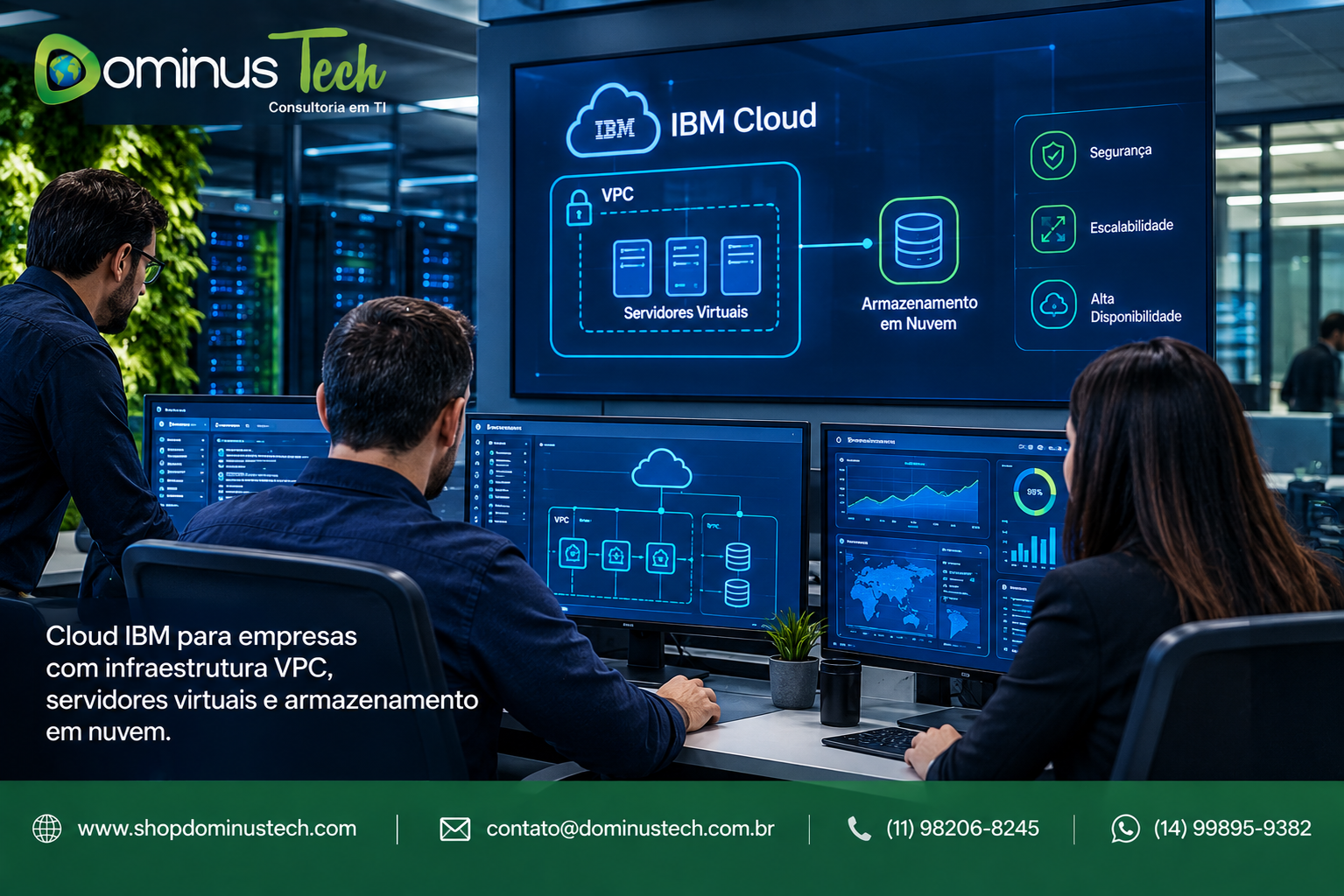 Equipe Dominus Tech analisando proteção de dados, backup, armazenamento, recuperação e continuidade de ambientes corporativos