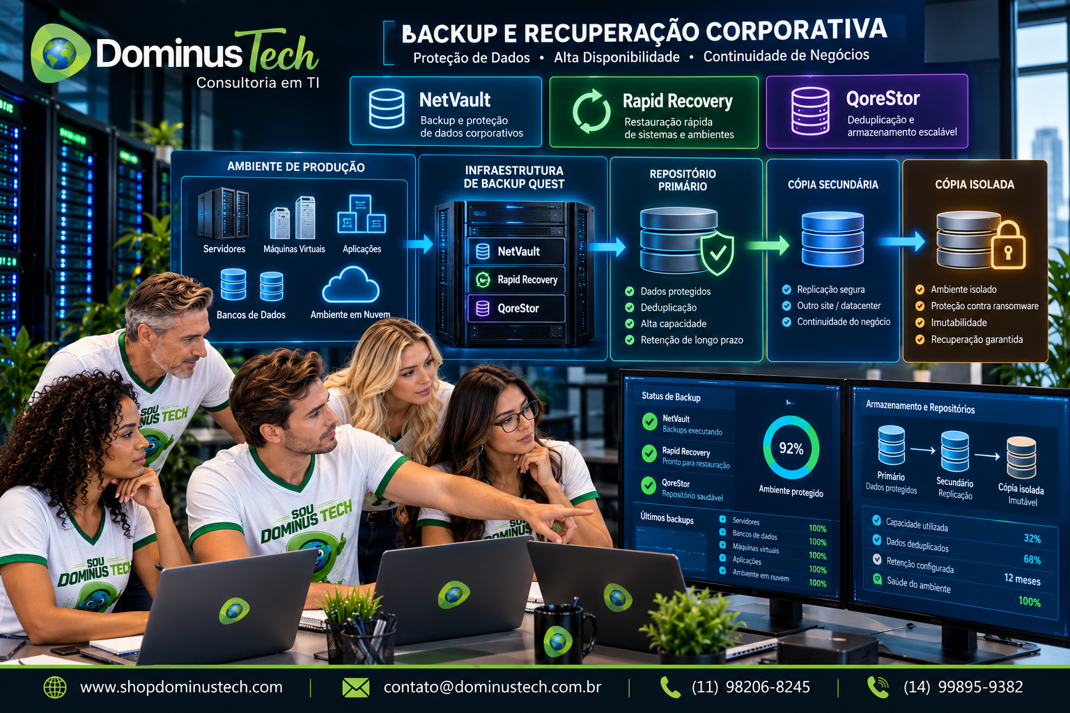 Equipe Dominus Tech analisando arquitetura de backup corporativo Quest Software com NetVault, Rapid Recovery e QoreStor, integrando servidores, máquinas virtuais, bancos de dados e nuvem com repositórios primário, secundário e cópia isolada para proteção contra ransomware.