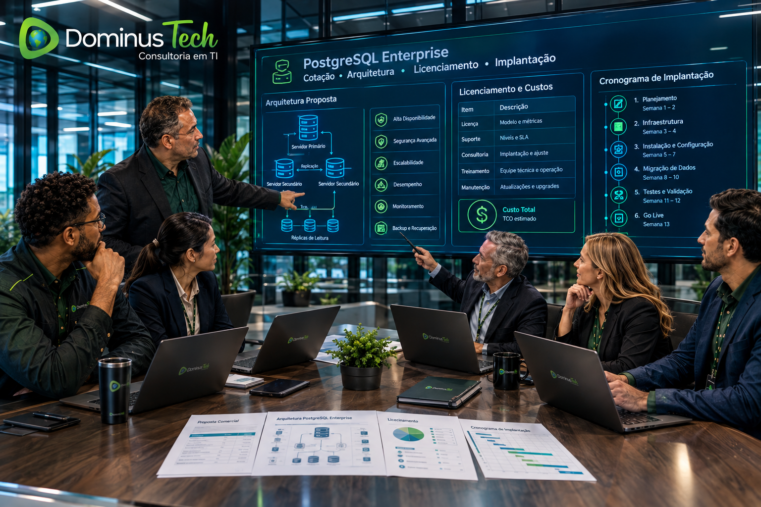 Consultores e executivos da Dominus Tech em reunião corporativa analisando cotação, arquitetura PostgreSQL Enterprise, requisitos de licenciamento, segurança, alta disponibilidade, desempenho e cronograma de implantação