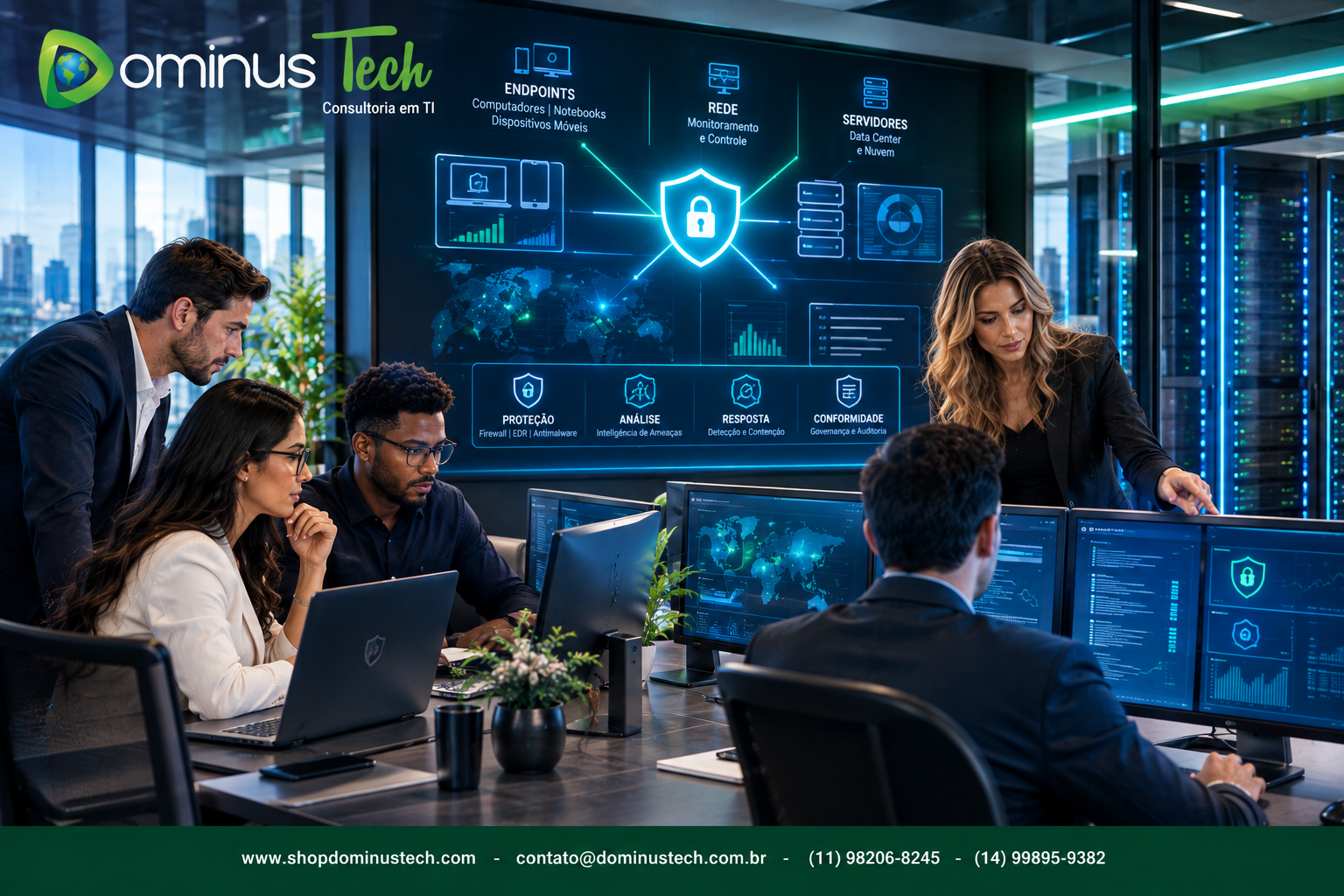 Equipe Dominus Tech analisando um ambiente empresarial protegido, com servidores, endpoints, notebooks e dashboards de segurança