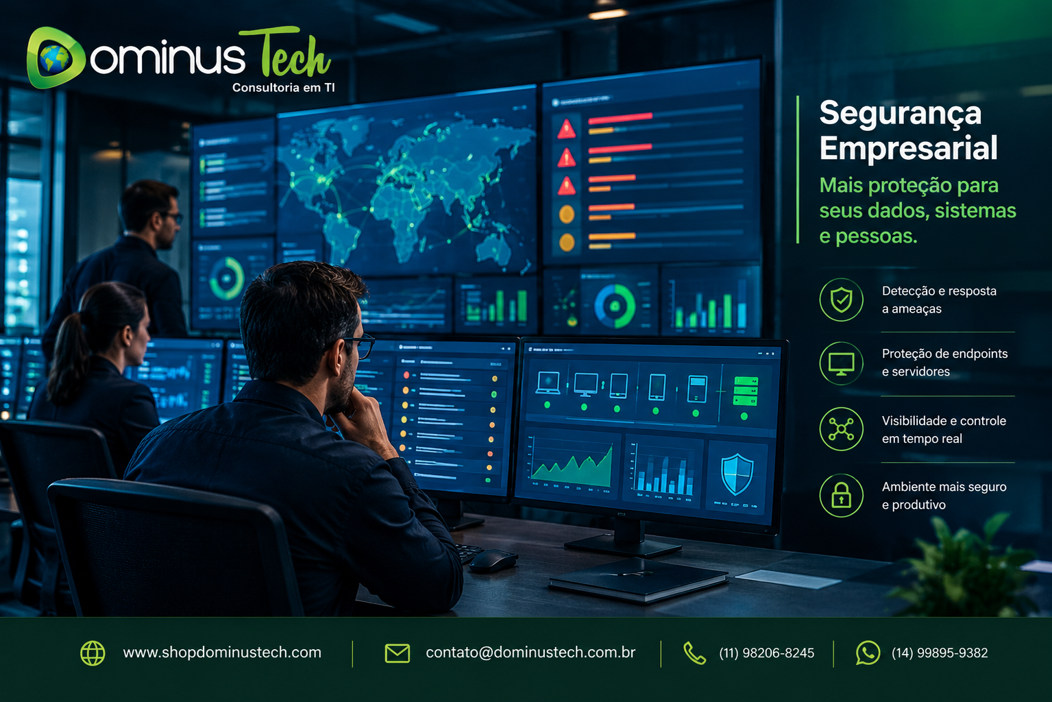 Profissionais de TI analisando alertas de segurança, proteção de endpoints e ameaças em tempo real em uma sala de operações da Dominus Tech