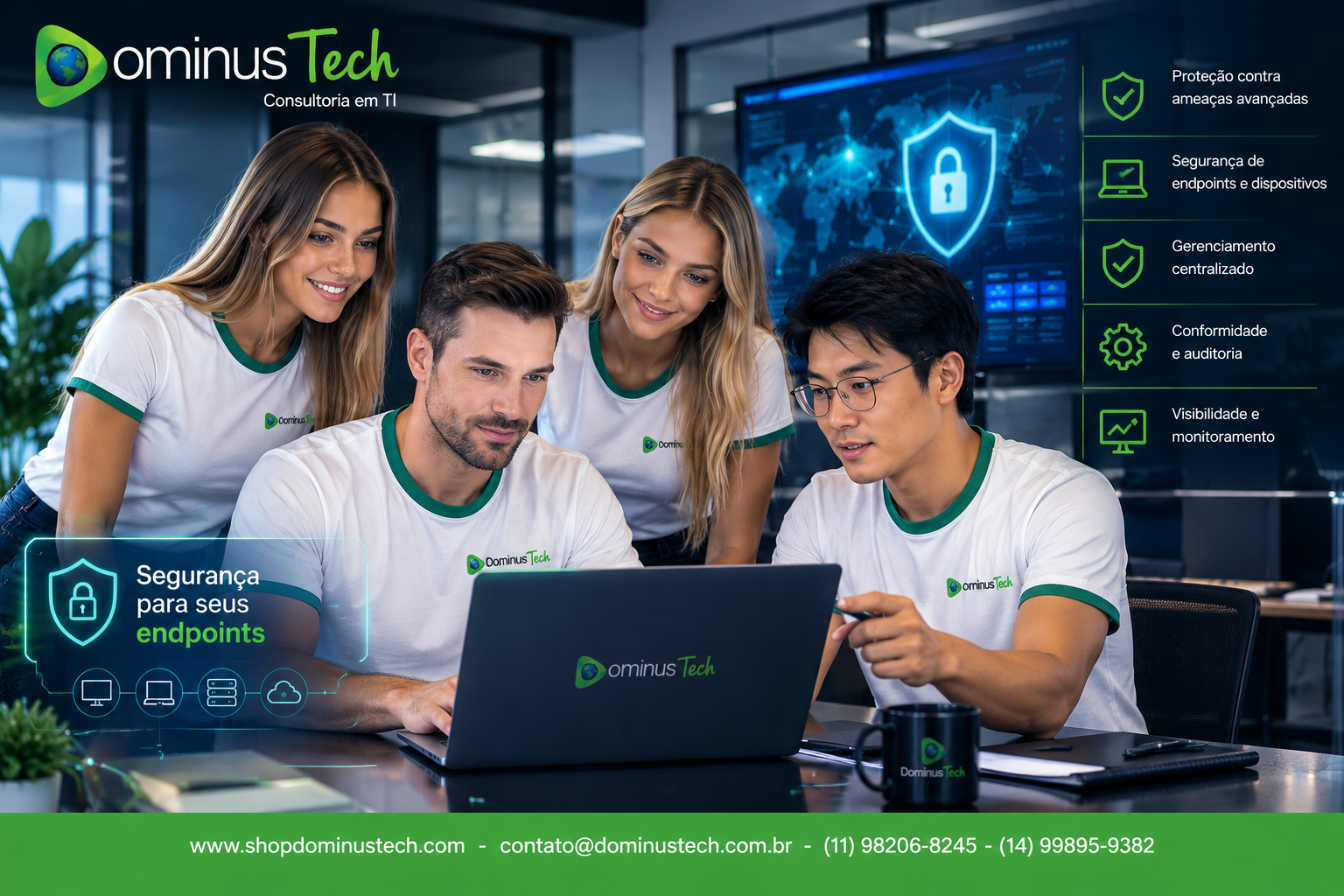 Equipe Dominus Tech analisando segurança de endpoints, proteção digital, gerenciamento centralizado e monitoramento de dispositivos corporativos.