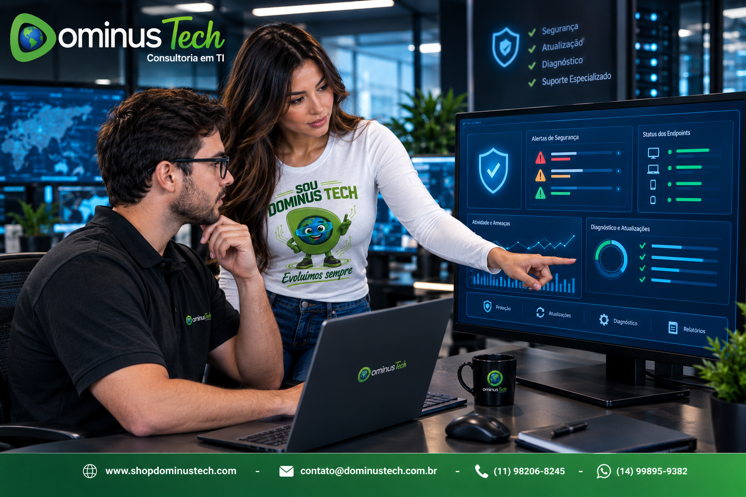 Técnico e especialista analisando alertas de segurança, atualizações e diagnóstico em console corporativo
